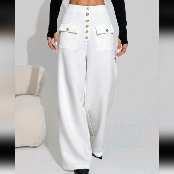 Women Plain Button Front Pockets Casual Pants - Picture 1 of 5